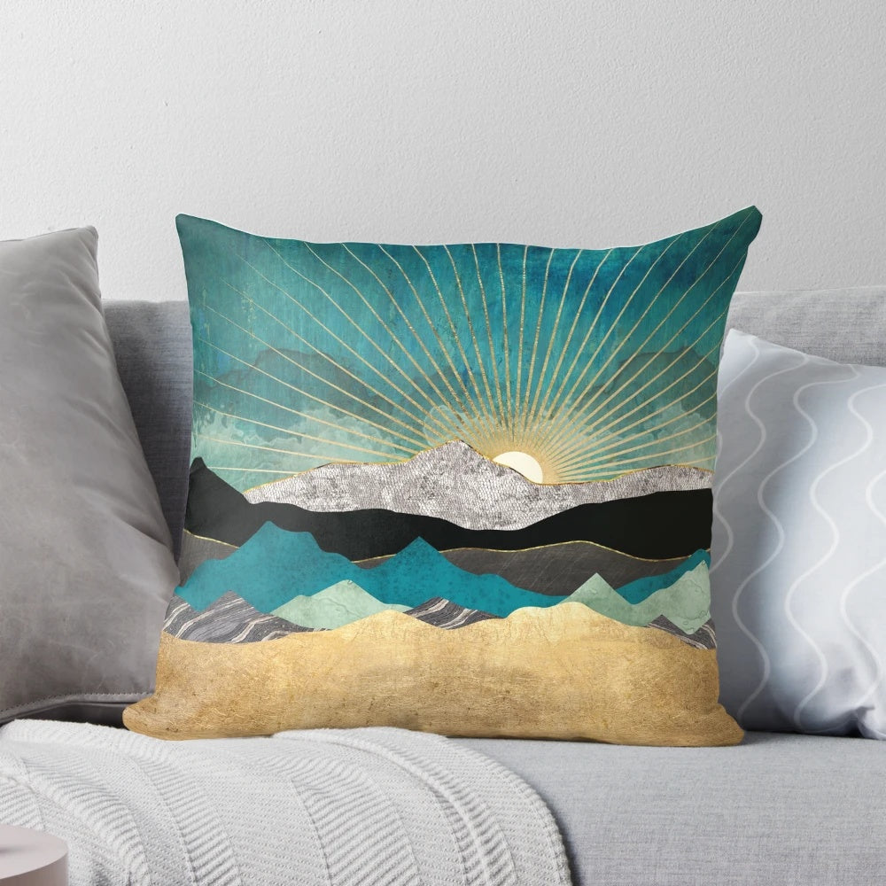 Peacock Vista Pillow with a scenic landscape design featuring blue, green, and gold colors