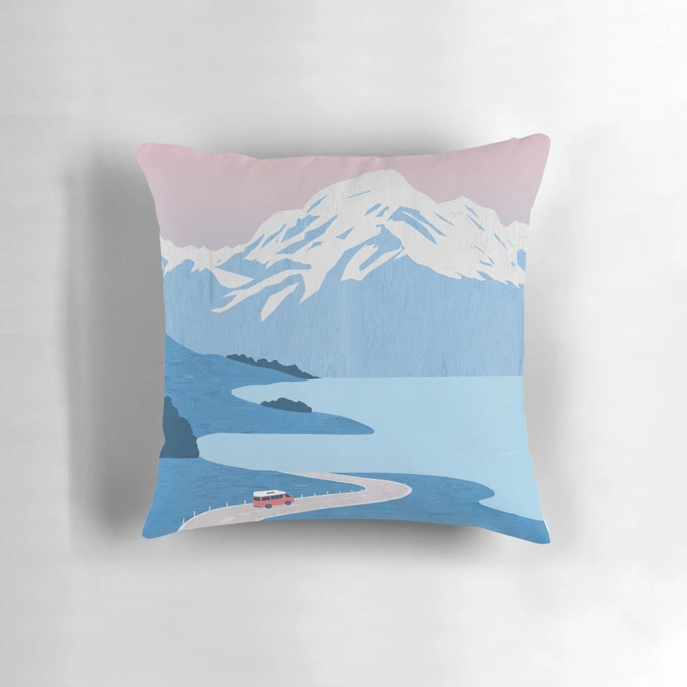 Soft and cozy pillow featuring a beautiful landscape of mountains, lakes, and nature from New Zealand