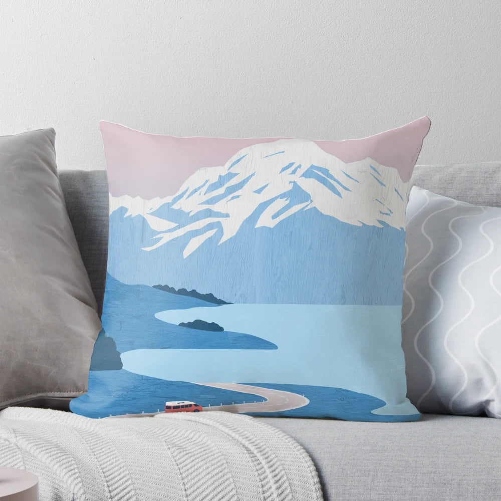 Soft and cozy pillow featuring a beautiful landscape of mountains, lakes, and nature from New Zealand