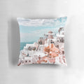 Colorful Santorini Oia Greece pillow showcasing the iconic architecture and stunning views of the Aegean Sea