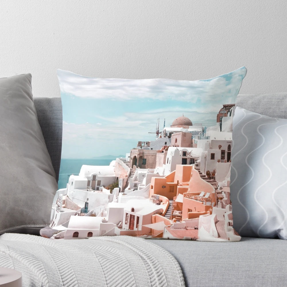 Colorful Santorini Oia Greece pillow showcasing the iconic architecture and stunning views of the Aegean Sea