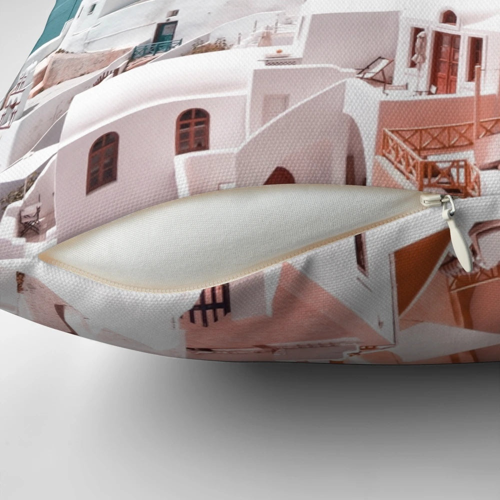 Colorful Santorini Oia Greece pillow showcasing the iconic architecture and stunning views of the Aegean Sea