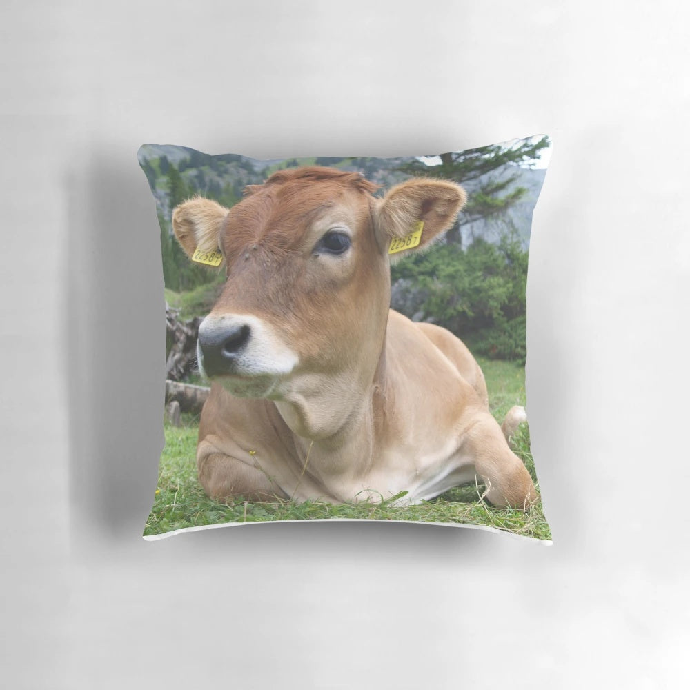 Cow Laying Down Pillow with Scenic Swiss Mountain Landscape