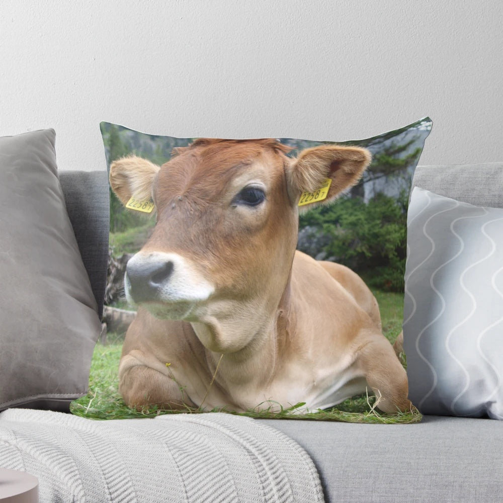 Cow Laying Down Pillow with Scenic Swiss Mountain Landscape