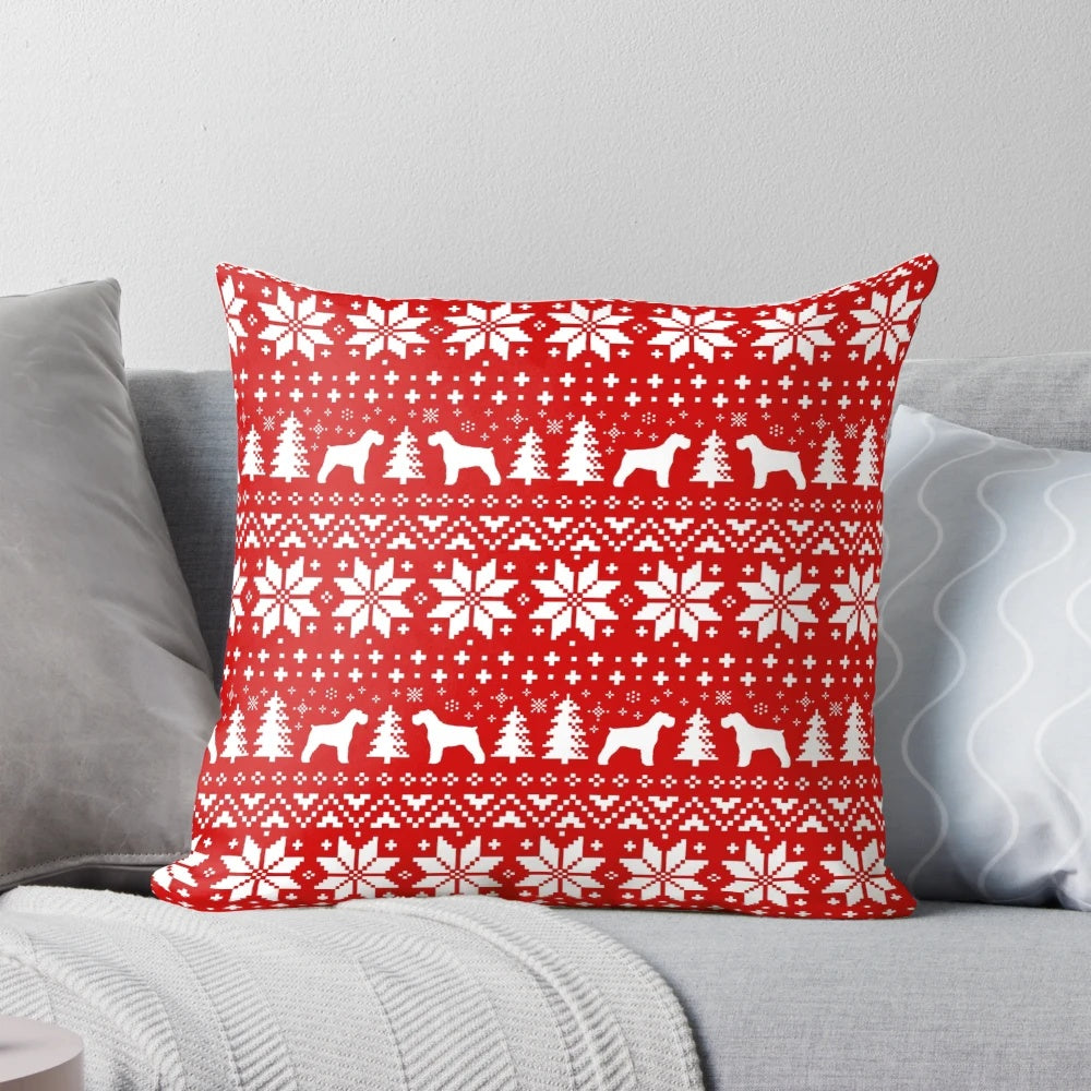 Schnauzer silhouette Christmas pillow featuring a festive sweater pattern
