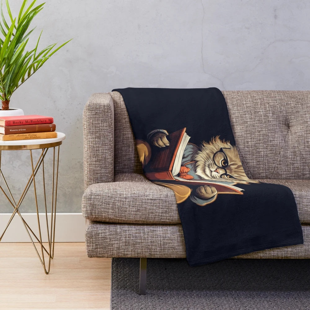 Serious librarian cat plush blanket with glasses, books, and a scholarly look