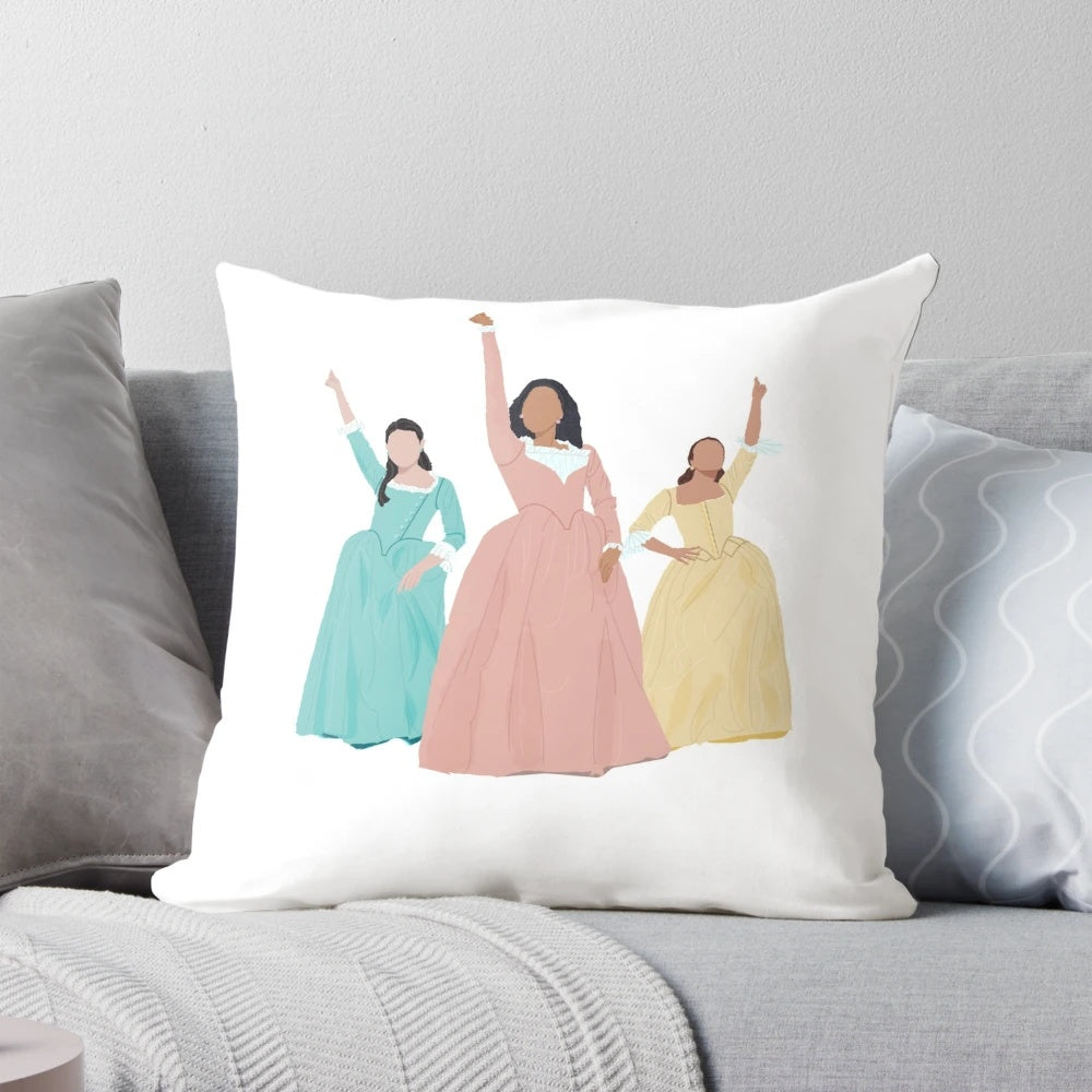 Decorative pillow featuring the Schuyler Sisters from the Broadway musical Hamilton