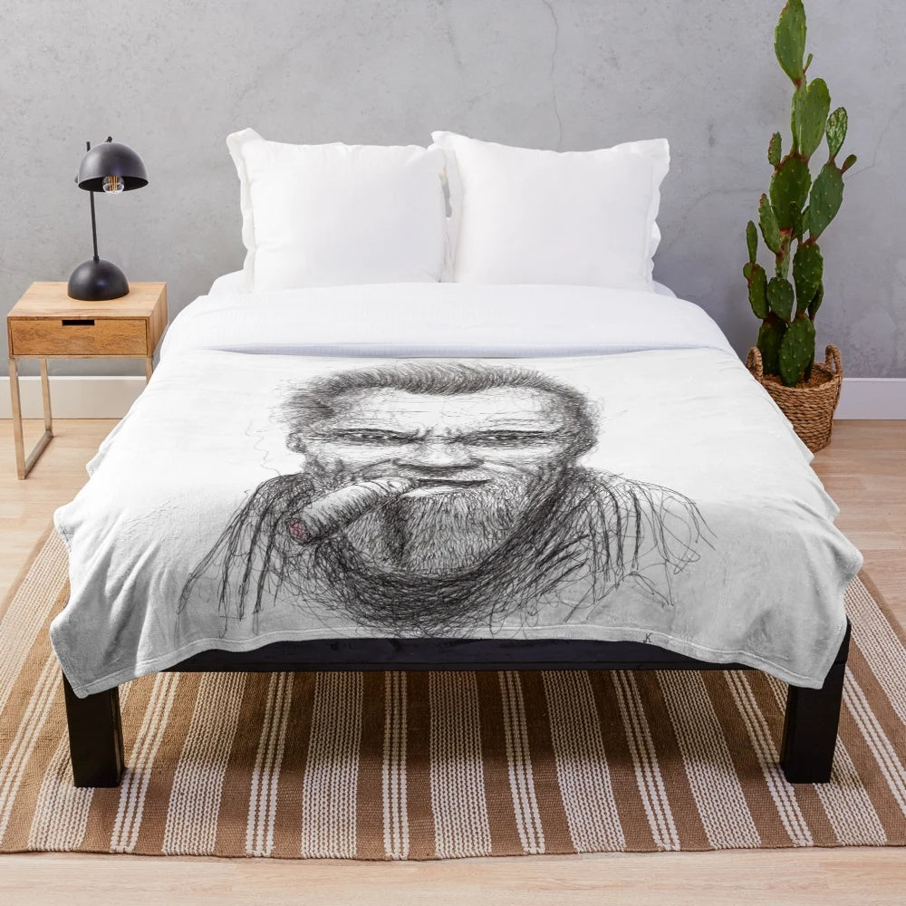Arnold Schwarzenegger-inspired plush blanket featuring the action star's iconic look