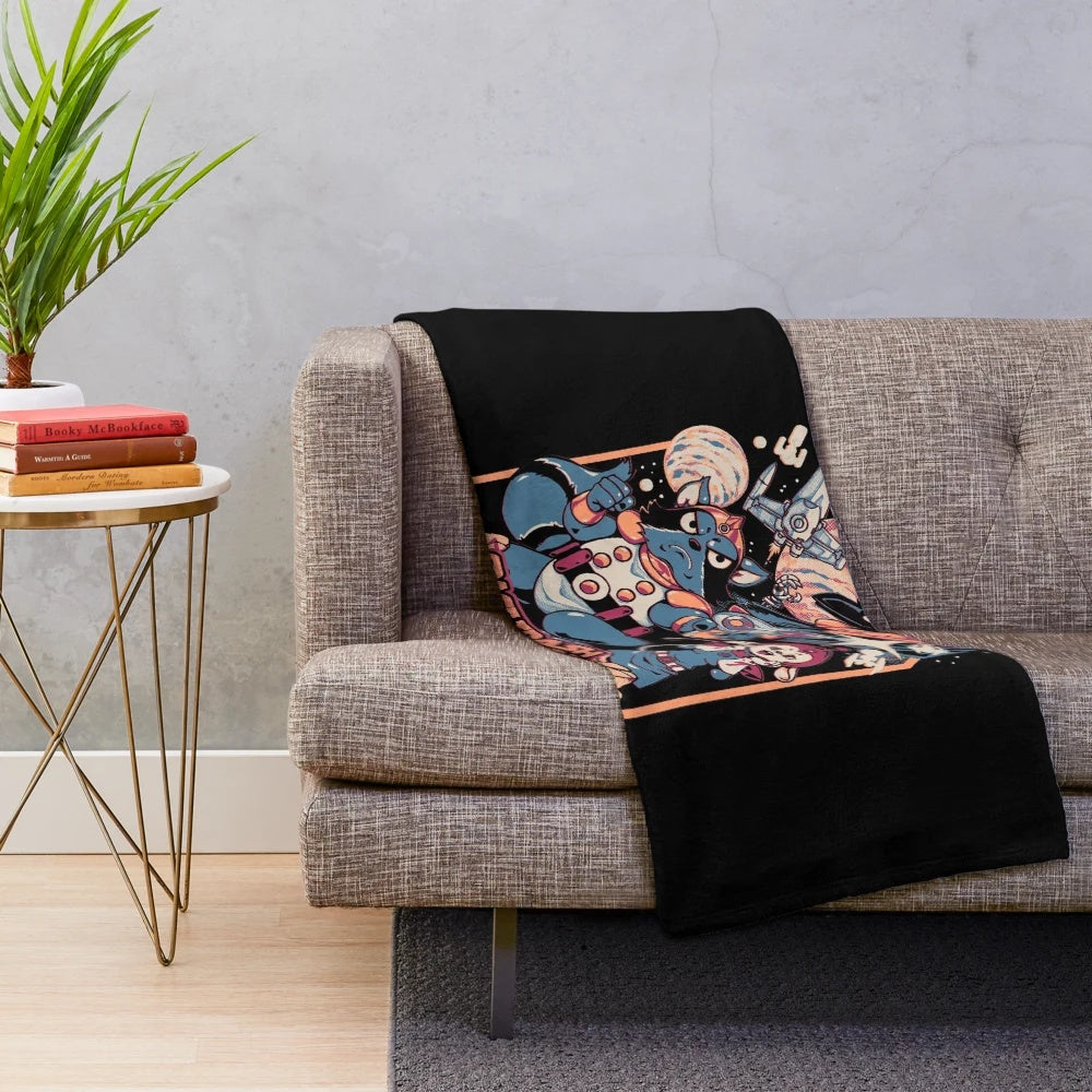 A plush blanket featuring a sci-fi inspired space adventure design with cartoon characters