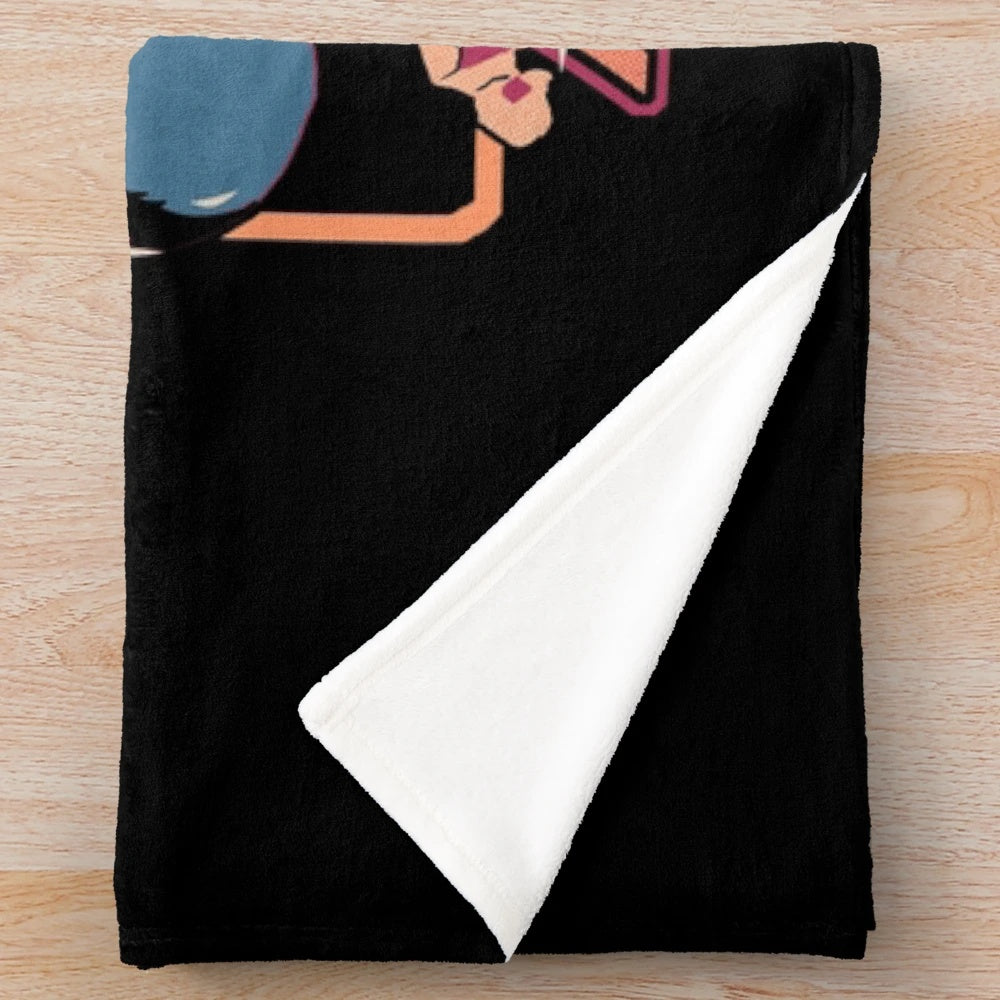 A plush blanket featuring a sci-fi inspired space adventure design with cartoon characters