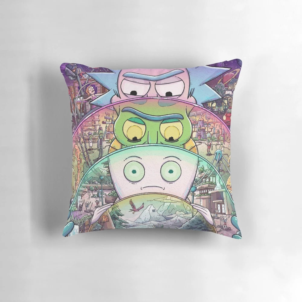 Rick and Morty inspired throw pillow with cartoon characters and space-themed design