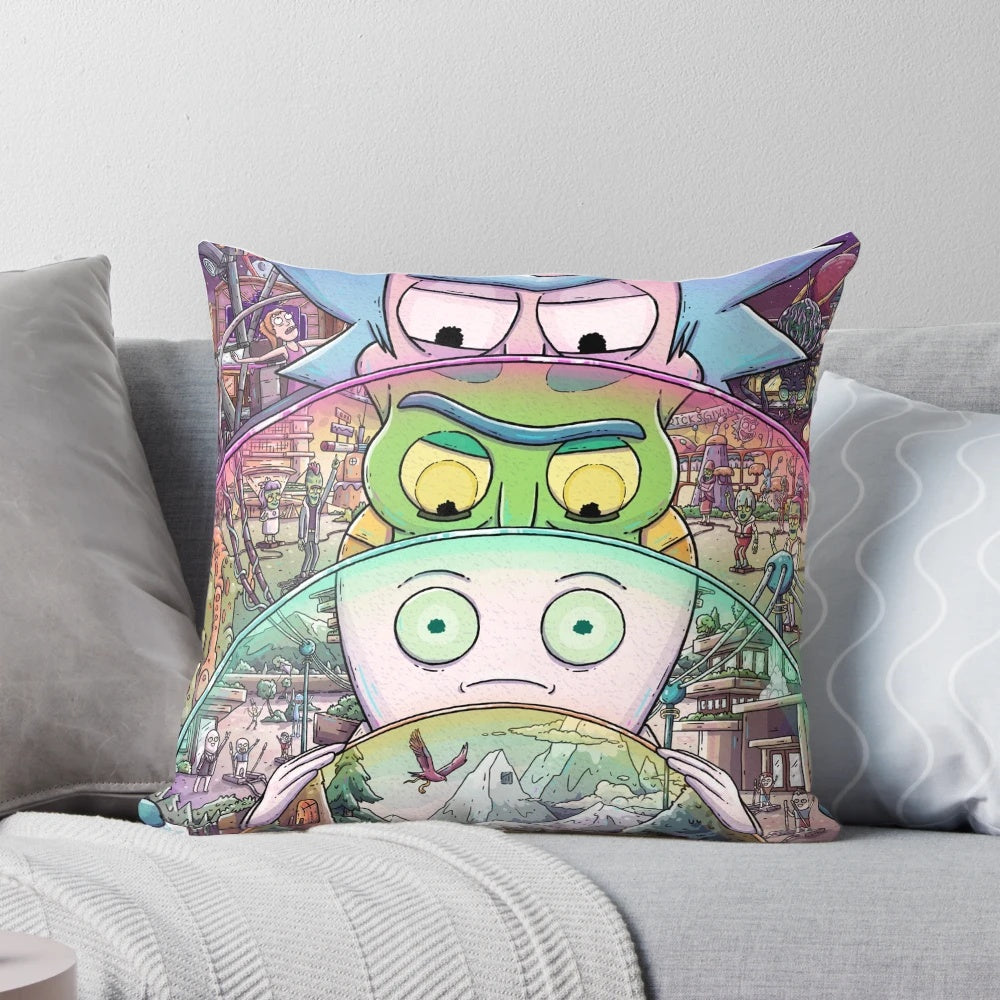 Rick and Morty inspired throw pillow with cartoon characters and space-themed design