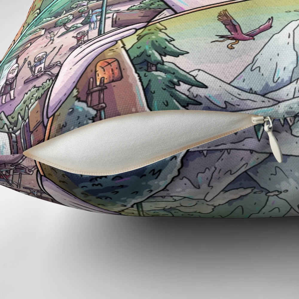 Rick and Morty inspired throw pillow with cartoon characters and space-themed design