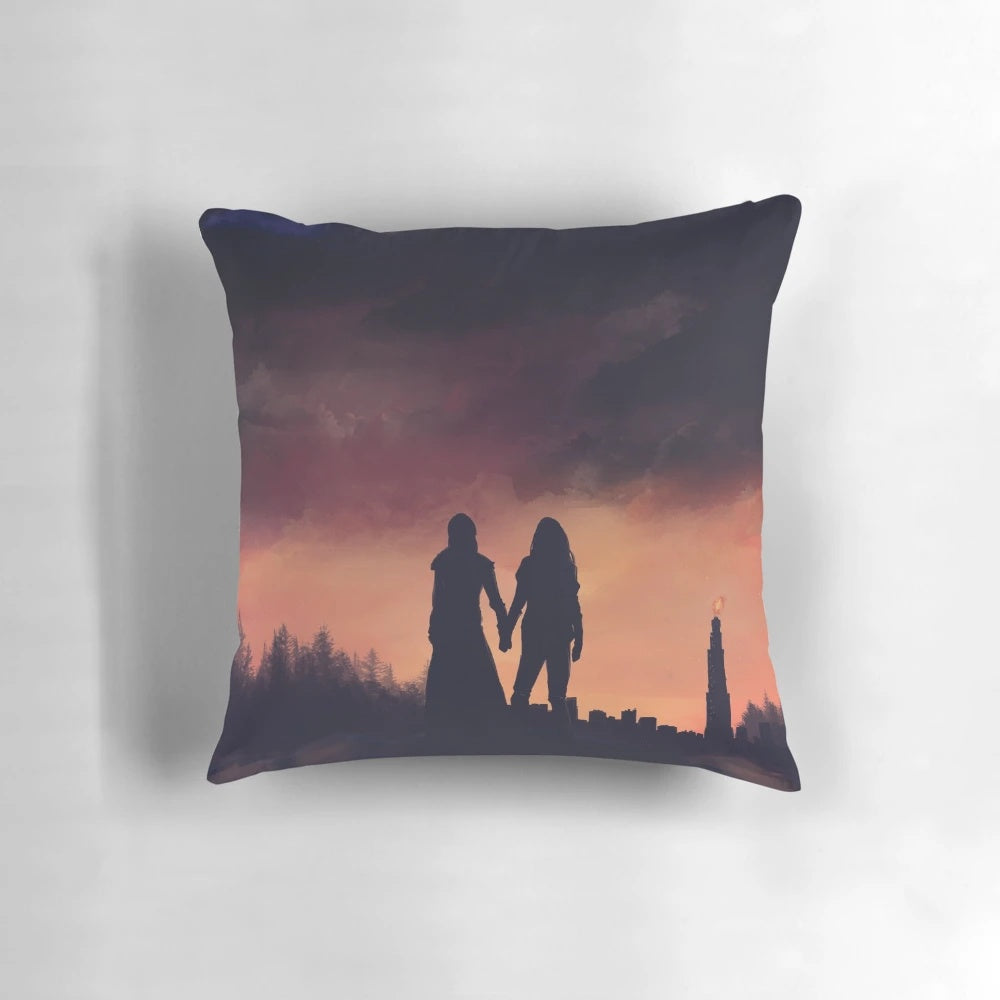 Decorative pillow featuring characters from the sci-fi TV show 'The 100