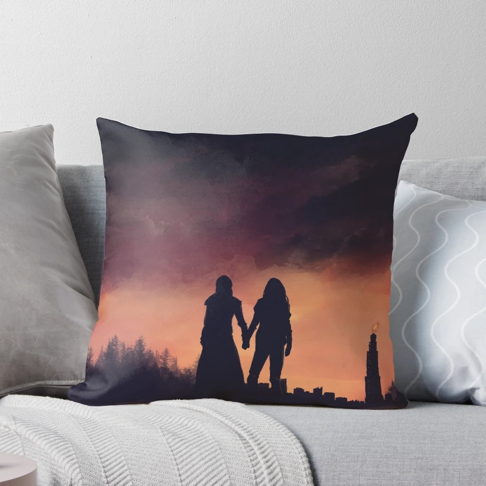 Decorative pillow featuring characters from the sci-fi TV show 'The 100