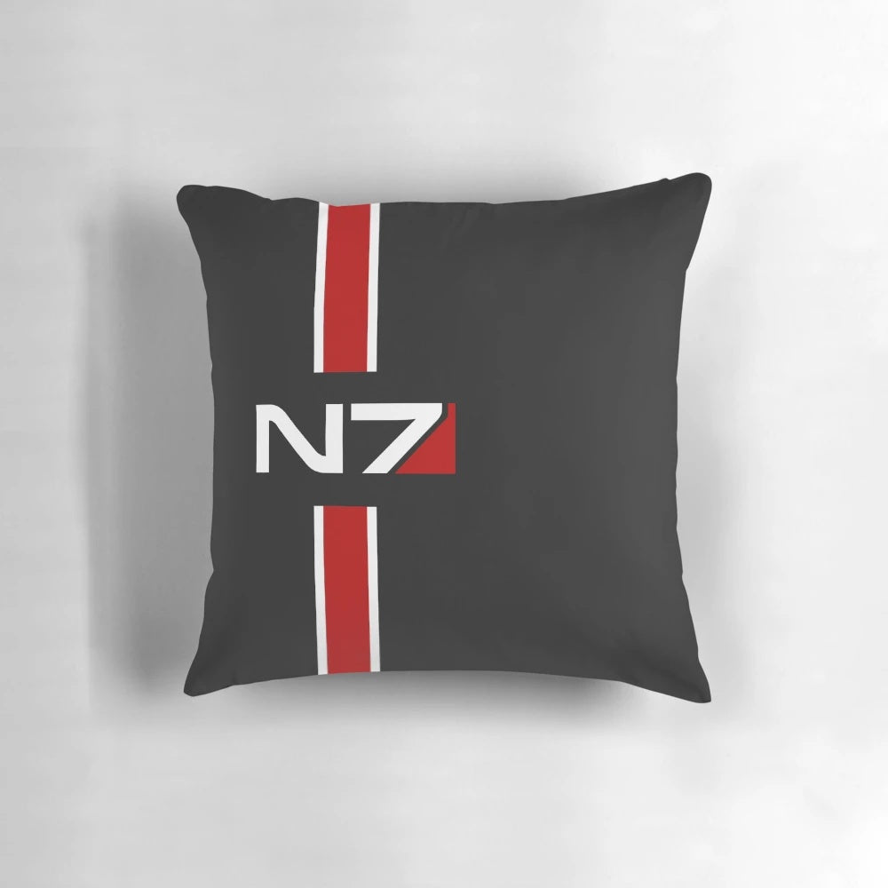 Stylized N7 emblem from the Mass Effect video game series printed on a high-quality throw pillow