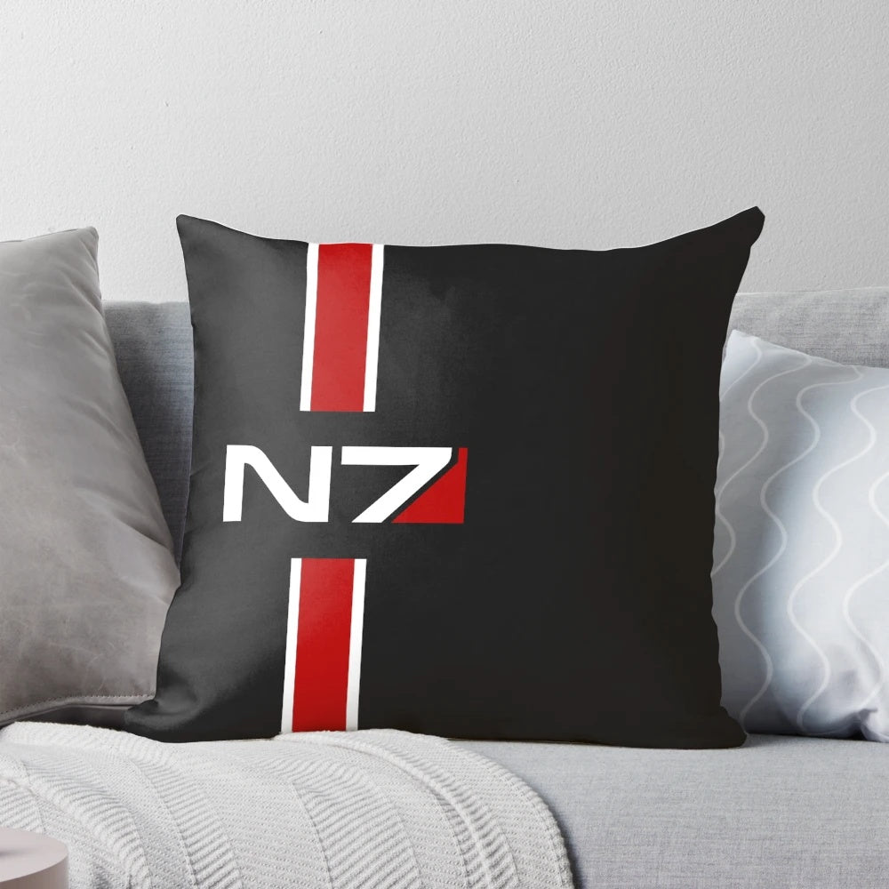 Stylized N7 emblem from the Mass Effect video game series printed on a high-quality throw pillow