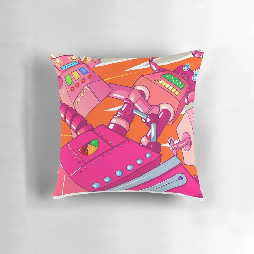 Colorful graphic pillow featuring pink robots in a fight scene, perfect for sci-fi and anime fans.