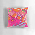 Colorful graphic pillow featuring pink robots in a fight scene, perfect for sci-fi and anime fans.
