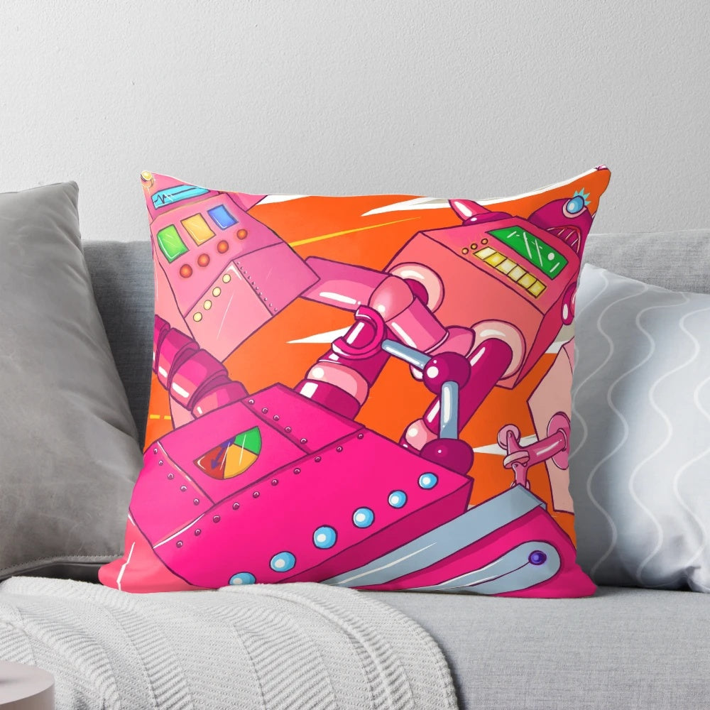 Colorful graphic pillow featuring pink robots in a fight scene, perfect for sci-fi and anime fans.