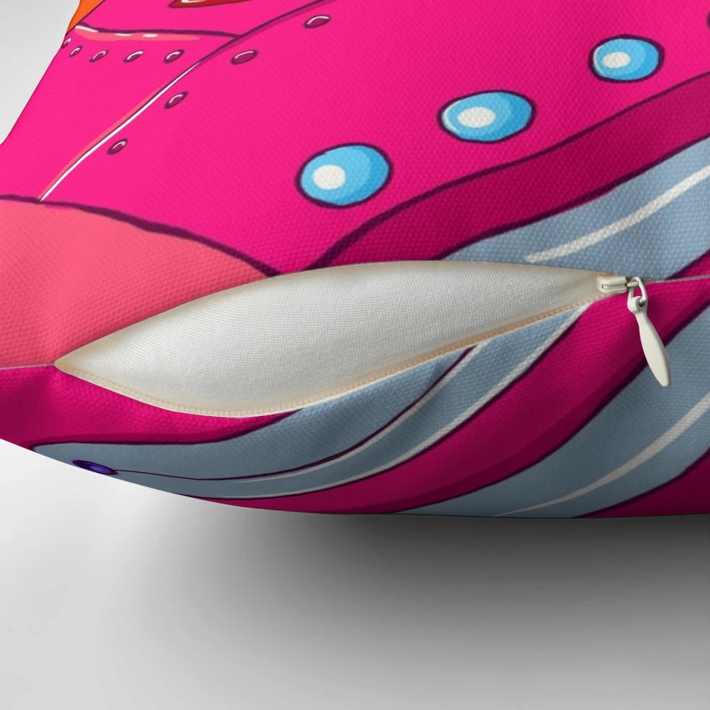 Colorful graphic pillow featuring pink robots in a fight scene, perfect for sci-fi and anime fans.