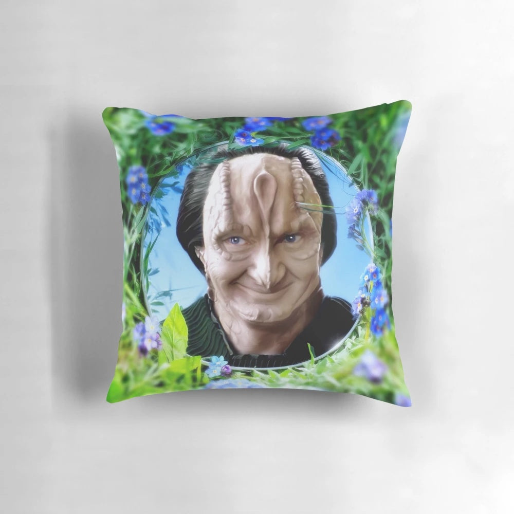 Vibrant sci-fi inspired throw pillow featuring a murder lizard in a spring garden setting