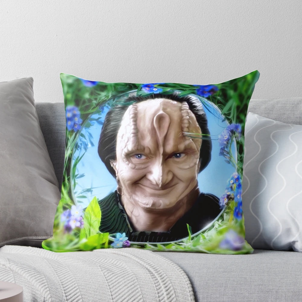 Vibrant sci-fi inspired throw pillow featuring a murder lizard in a spring garden setting