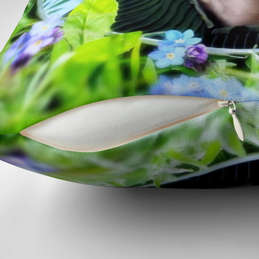 Vibrant sci-fi inspired throw pillow featuring a murder lizard in a spring garden setting