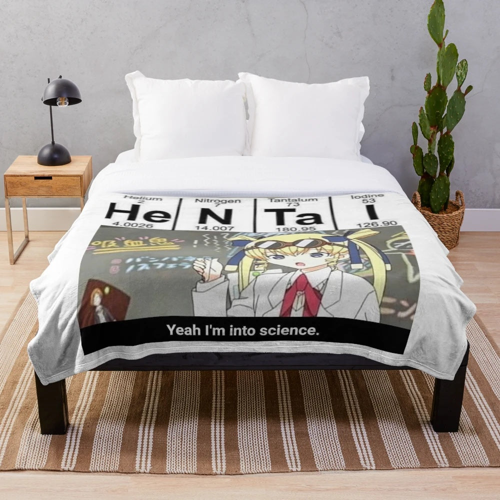 Science-themed plush blanket with anime and meme imagery