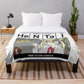 Science-themed plush blanket with anime and meme imagery