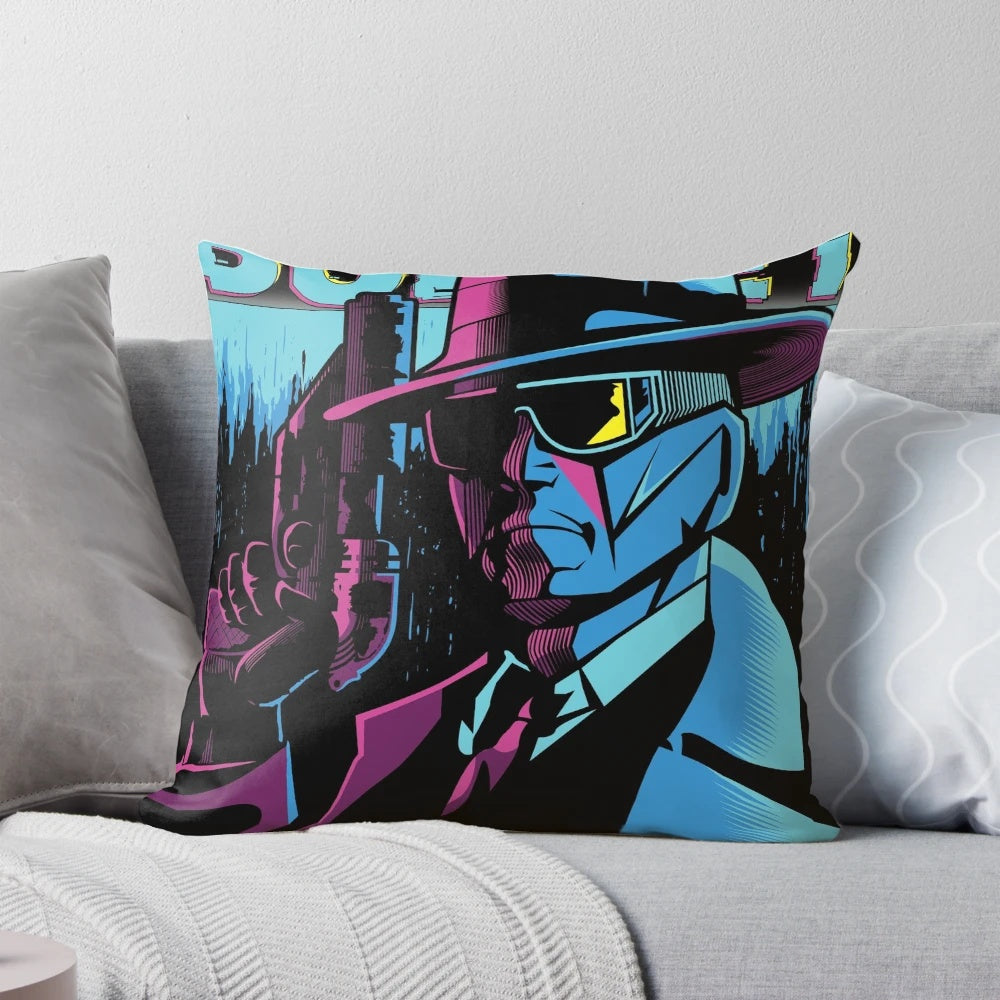 A vibrant red and black pillow with traffic signal graphics, perfect for sci-fi and cyberpunk-inspired home decor