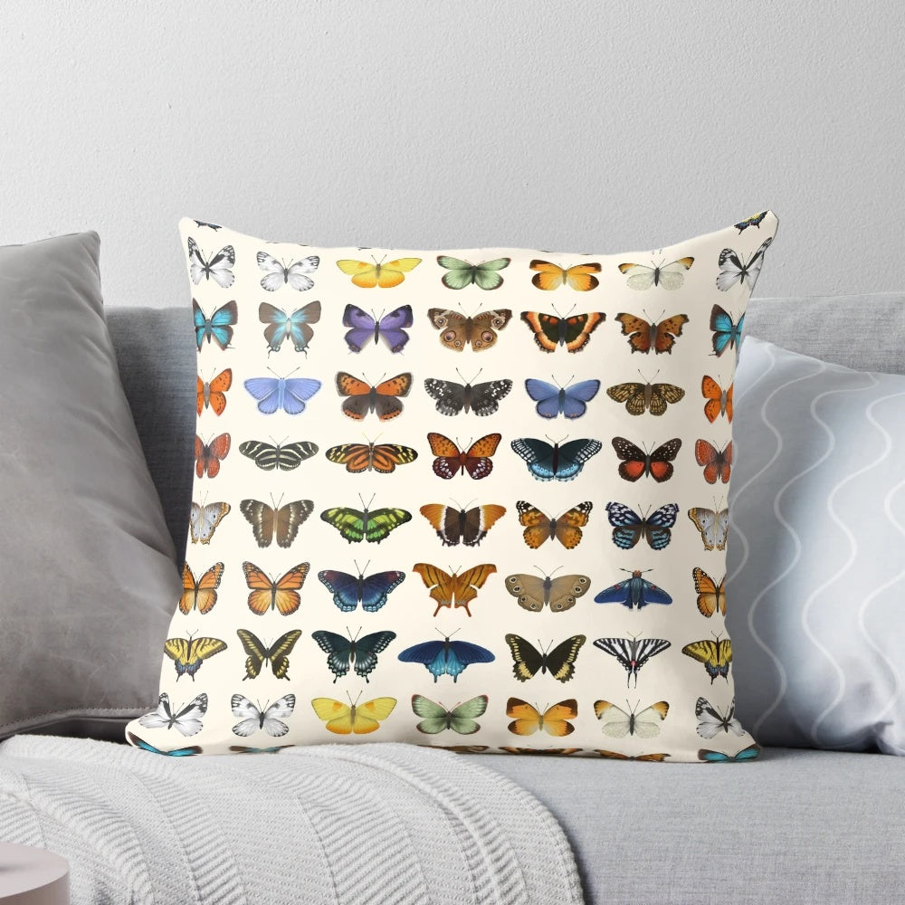 Decorative throw pillow featuring a detailed, scientifically accurate illustration of various butterfly species found in North America.