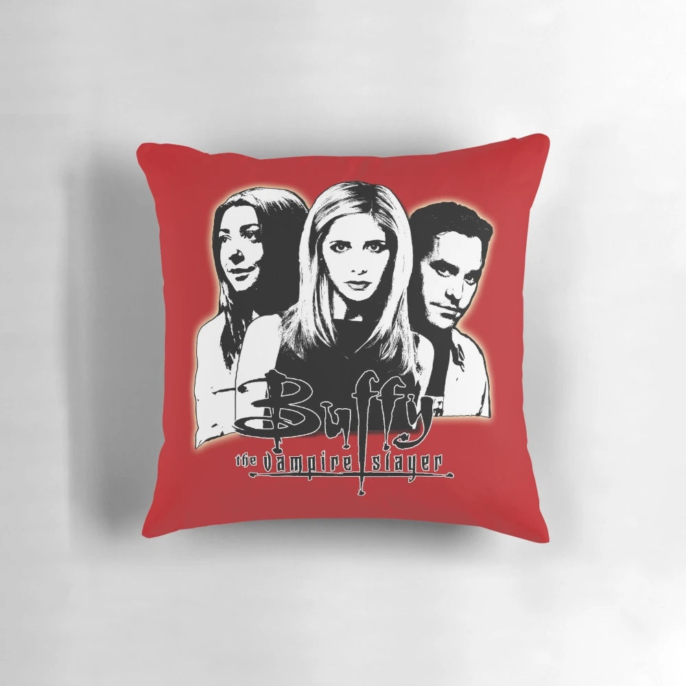 A decorative throw pillow featuring the trio of Buffy, Willow, and Xander from the hit TV series Buffy the Vampire Slayer.