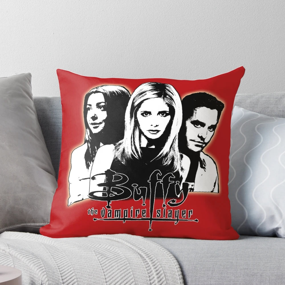 A decorative throw pillow featuring the trio of Buffy, Willow, and Xander from the hit TV series Buffy the Vampire Slayer.