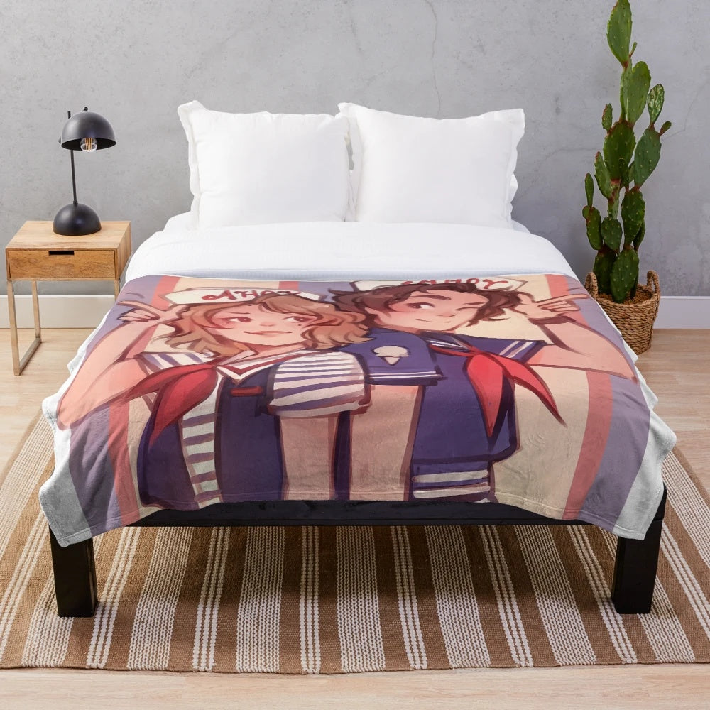 Scoops Ahoy plush blanket featuring the iconic Stranger Things logo and ice cream shop design