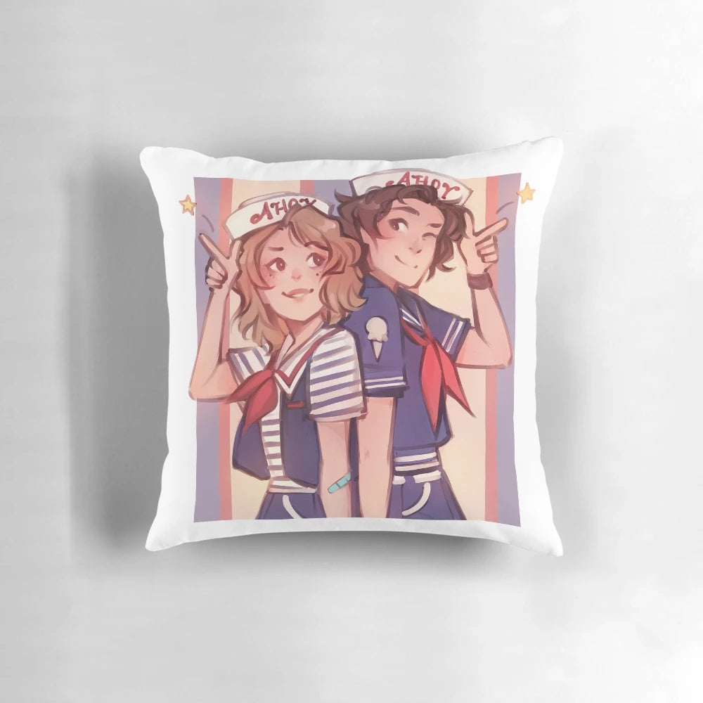 Scoops Ahoy-themed pillow, featuring the iconic Stranger Things logo and branding