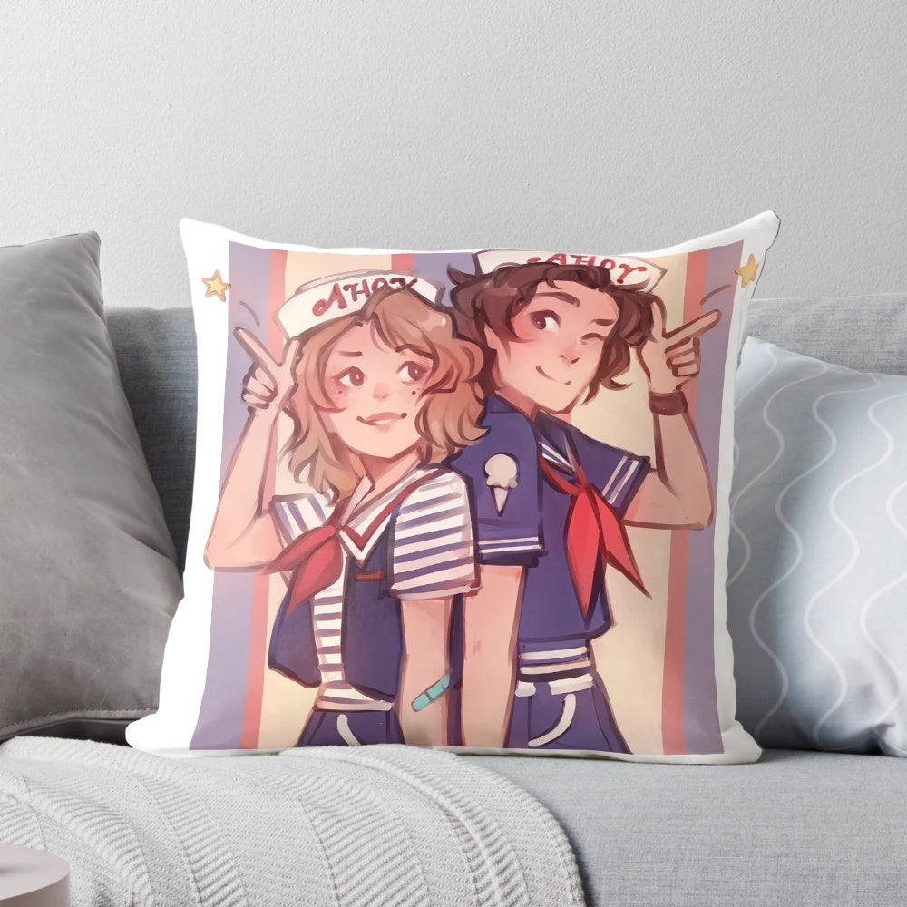Scoops Ahoy-themed pillow, featuring the iconic Stranger Things logo and branding