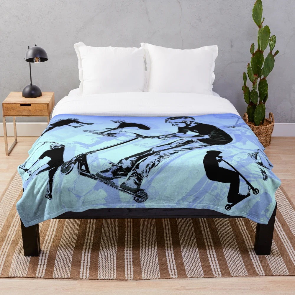 Scooter tricks plush blanket with black and blue design