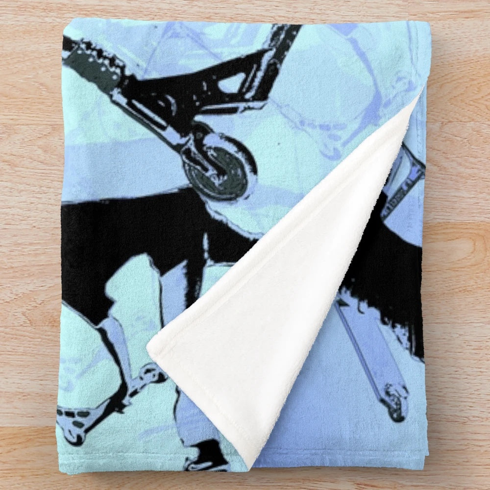 Scooter tricks plush blanket with black and blue design