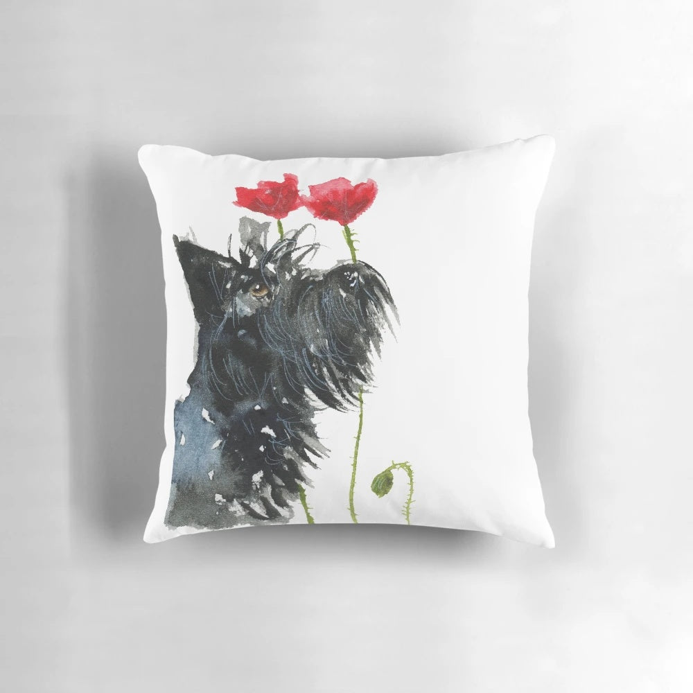 A cozy, decorative pillow featuring a scottie dog design with poppies, perfect for adding a touch of floral charm to any room.