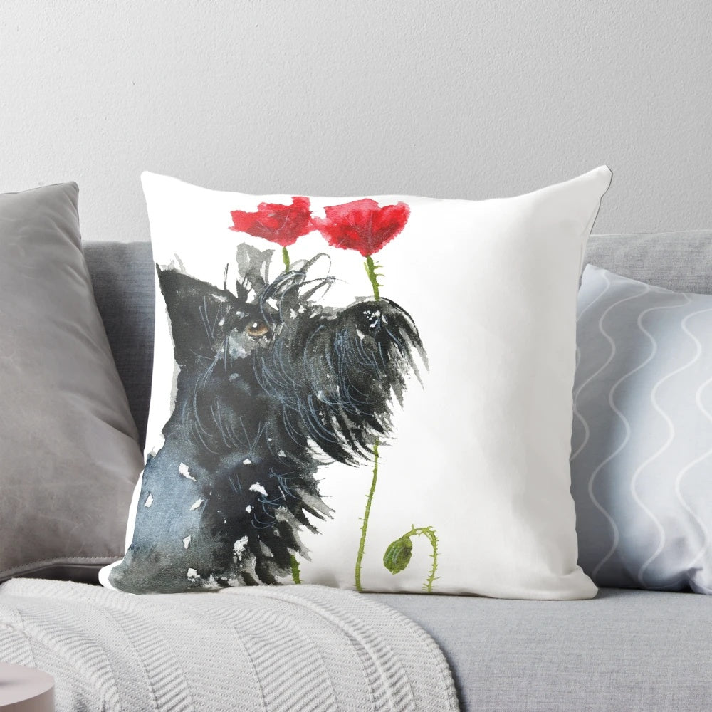 A cozy, decorative pillow featuring a scottie dog design with poppies, perfect for adding a touch of floral charm to any room.