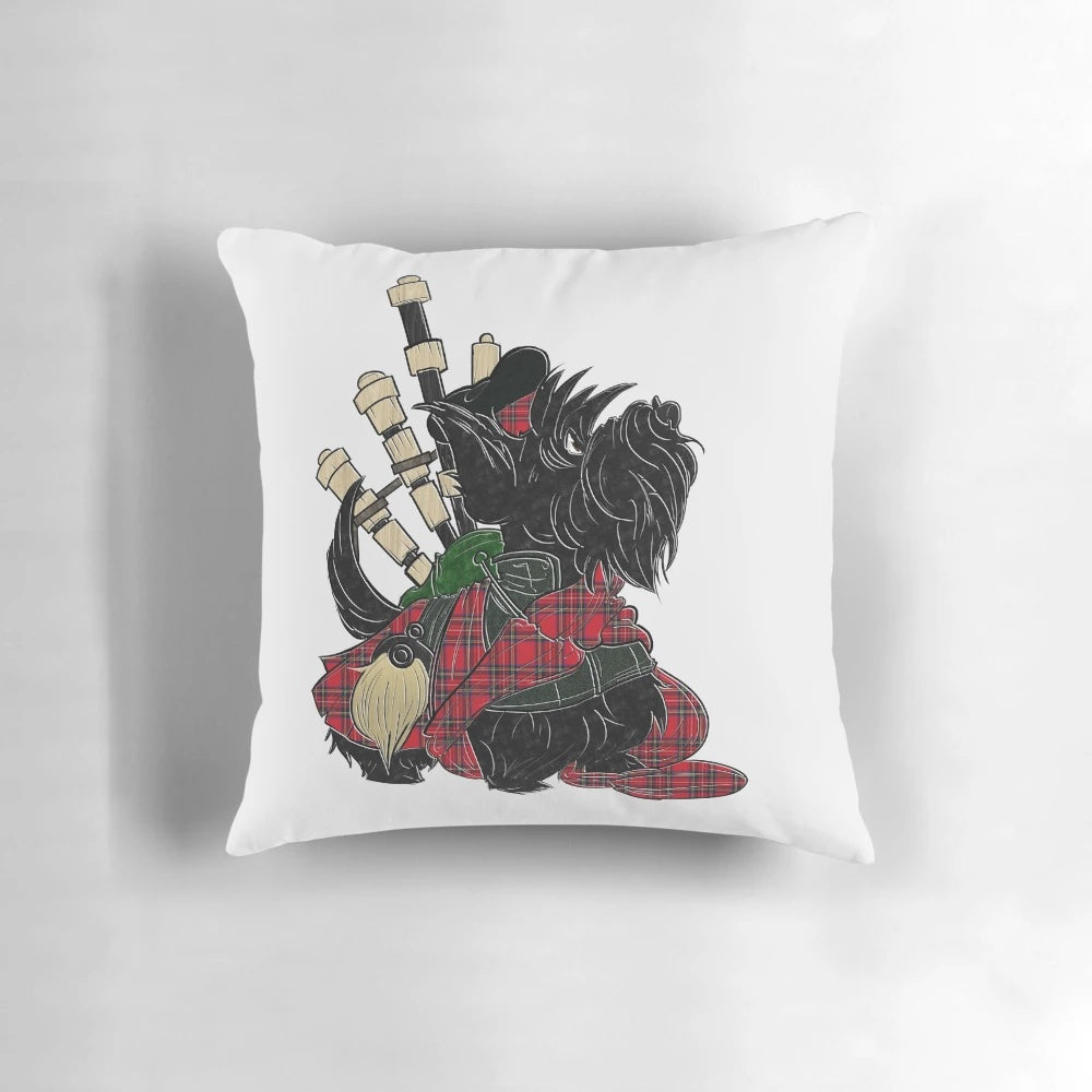 Cozy plaid Scottish Terrier Scottie dog pillow with tartan pattern and bagpipe design