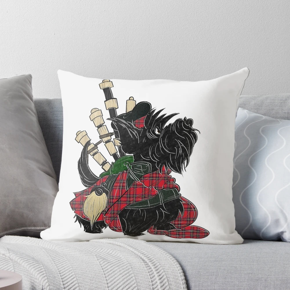 Cozy plaid Scottish Terrier Scottie dog pillow with tartan pattern and bagpipe design