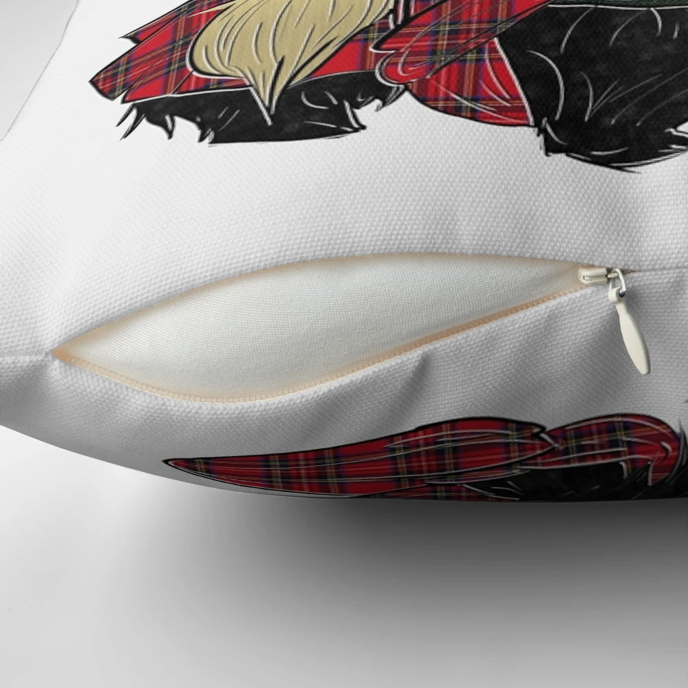 Cozy plaid Scottish Terrier Scottie dog pillow with tartan pattern and bagpipe design