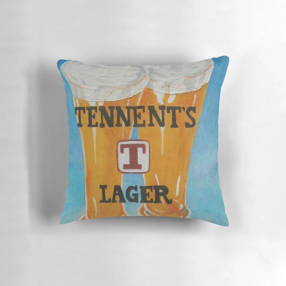 Pillow featuring the Tennents lager logo and branding