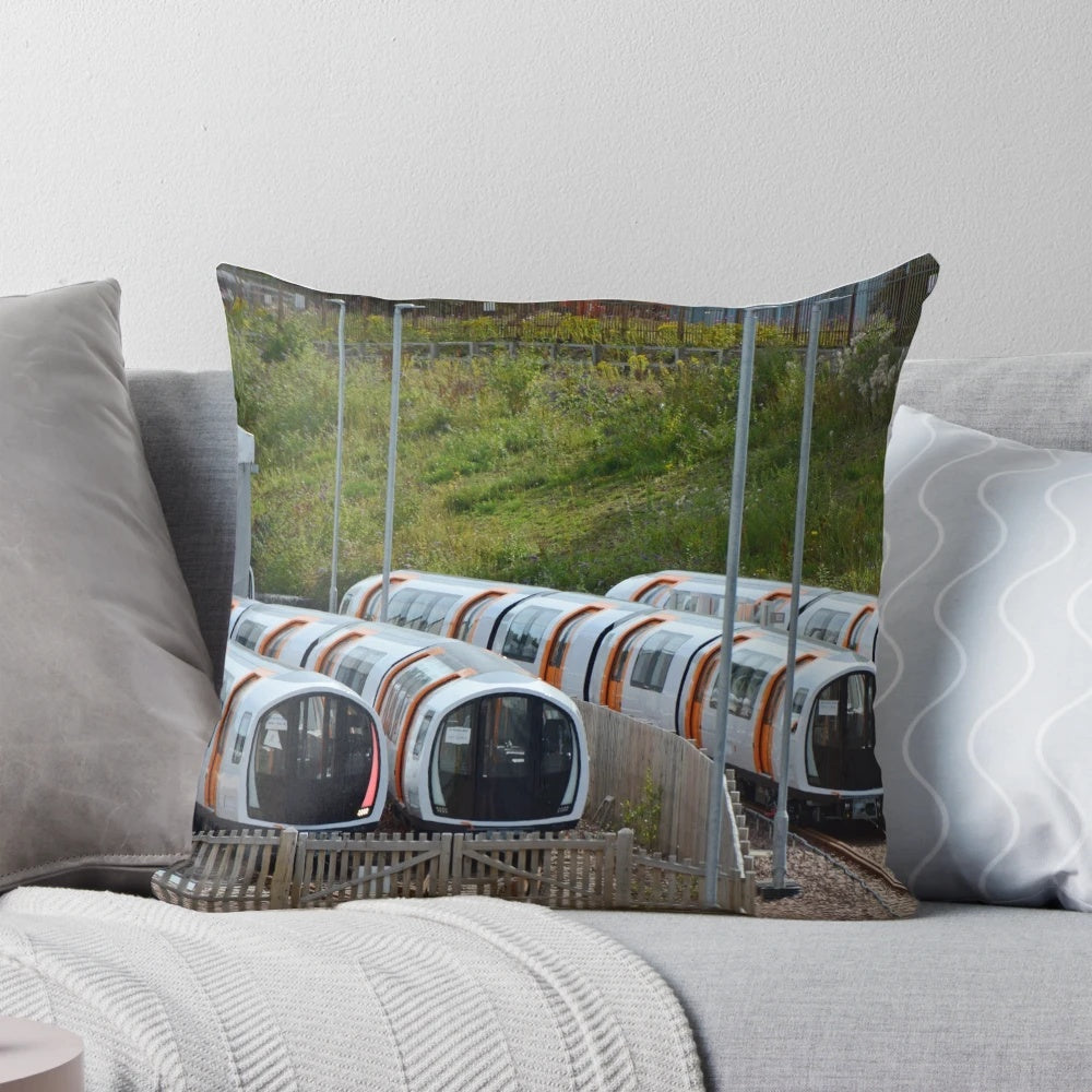 Pillow featuring image of new Stadler Glasgow subway trains at Broomloan depot
