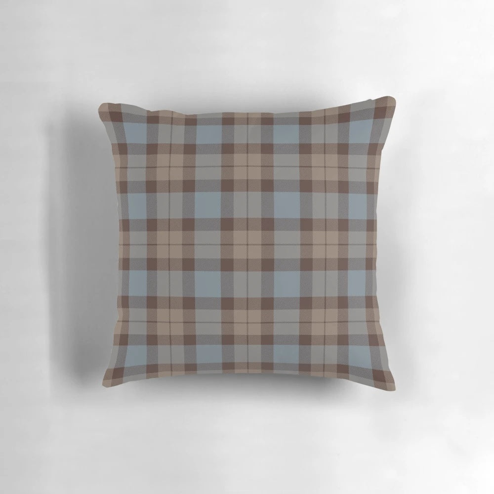 A brown and blue Scottish tartan plaid checkered pattern throw pillow
