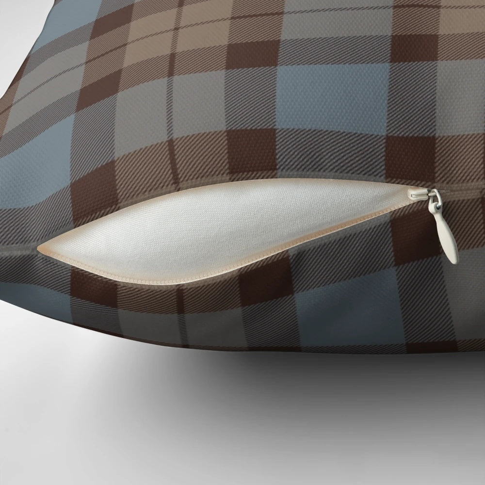 A brown and blue Scottish tartan plaid checkered pattern throw pillow