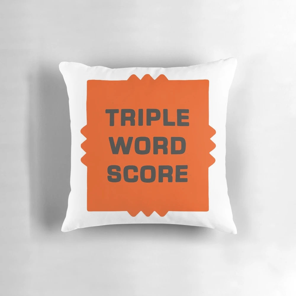 Scrabble game tile-inspired throw pillow with humorous design