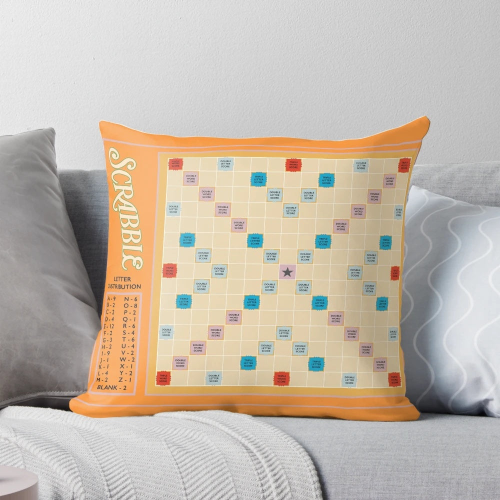 Scrabble-themed throw pillow with colorful game tiles